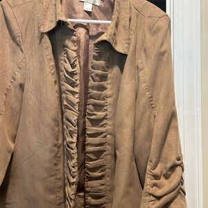 CJ Banks Women's Tan Faux  Suede Jacket with Ruffle Detail